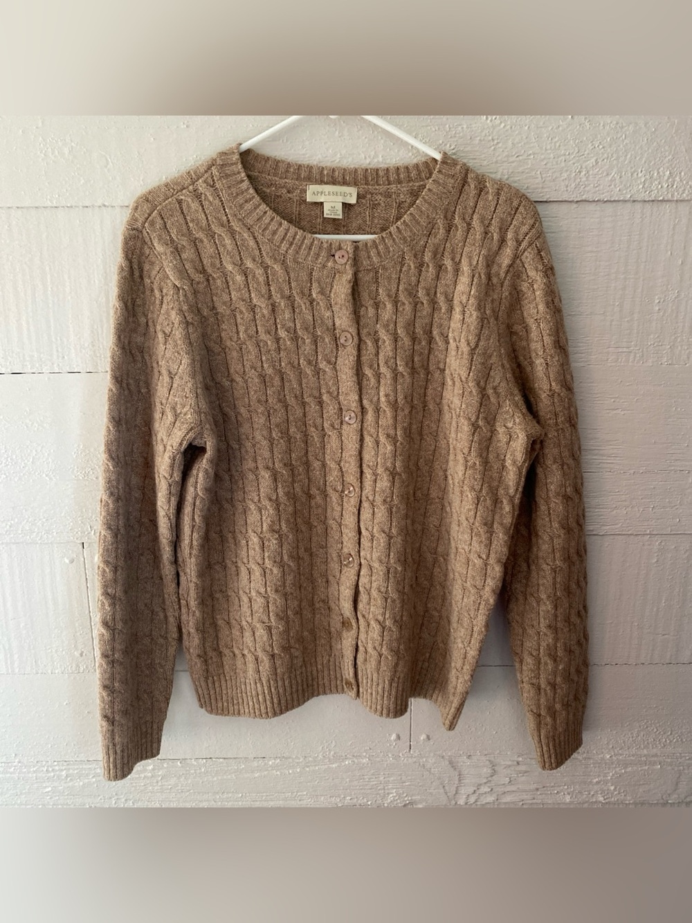 Vintage Appleseeds 100% Wool Classic Cable-Knit Button Cardigan Sweater - Tan